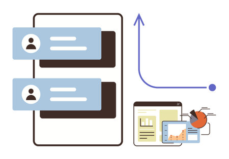 Chat interface with user profiles, upward arrow, browser window, and pie chart for data analysis. Ideal for technology, business, communication, statistics teamwork UX design and growth. A simpleのイラスト素材