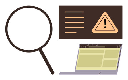 Magnifying glass beside a warning sign and open laptop browser. Ideal for analysis, security, problem-solving, error detection, research, cyber threats, digital troubleshooting. Simple flat metaphorのイラスト素材