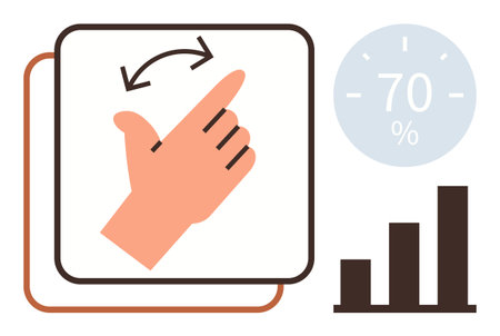 Hand gesture indicating swipe action with progress percentage and bar graph chart. Ideal for efficiency, data navigation, user interface, interaction, technology, analytics, simple flat metaphorのイラスト素材
