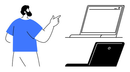 Bearded man gesturing toward an open laptop screen, engaging in explanation or presentation. Ideal for learning, communication, technology, business, webinars, teamwork consulting. Simple flatのイラスト素材