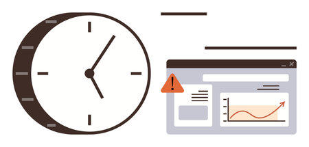 Analog clock beside an analytics dashboard with rising graph and alert icon. Ideal for time...