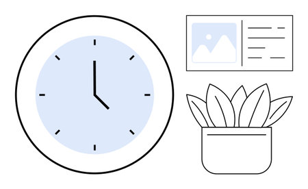 Analog wall clock, a potted plant, and a picture card with text. Ideal for time management, productivity, creativity, workspace decor, scheduling, minimalism simple flat metaphorのイラスト素材