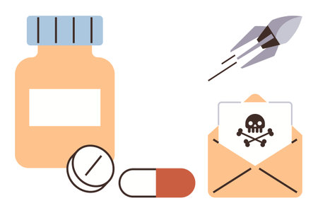 Medicine bottle, pills, poison envelope, and rocket portray health risks and threats. Ideal for healthcare, danger, warning, pharmaceutical, urgency safety and metaphorical messaging in a simpleのイラスト素材