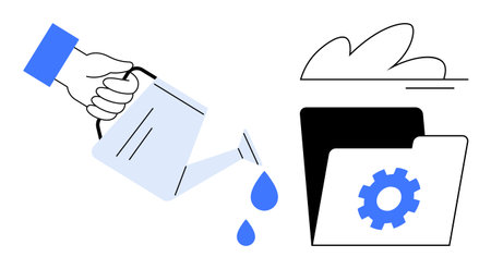 Hand holds watering can pouring water into open folder with gear icon, representing nurturing ideas, project growth, and innovation. Ideal for technology, productivity, strategy, research, teamworkのイラスト素材