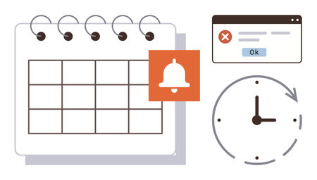 Calendar with grid, reminder icon, error message popup, and clock indicating time management and scheduling. Ideal for productivity, planning, deadlines, notifications, organization efficiencyのイラスト素材