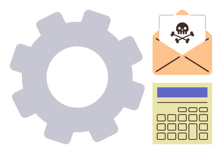 Gear, malware alert envelope, calculator symbolize cybersecurity, cyber threat, system automation, productivity, data protection, risk management and digital safety. Ideal for warning preventionのイラスト素材