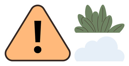 Bright orange caution triangle with exclamation mark next to green leaves and a fluffy cloud. Ideal for safety, environment, alertness, warning, eco-awareness, hazard communication, minimalism flatのイラスト素材
