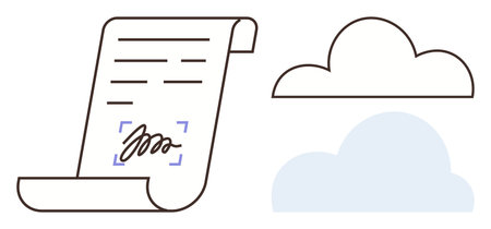 Scroll-style document with handwritten signature beside cloud symbols. Ideal for contracts, digital storage, cloud software, e-signature, document management, virtual agreement, simple flat metaphorのイラスト素材