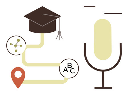 Graduation cap, academic symbols, pathway, location marker, and microphone. Ideal for education, podcast, learning, e-learning science communication career simple flat metaphorのイラスト素材