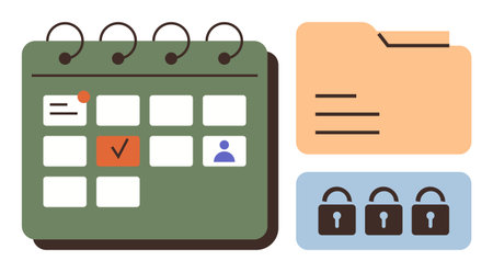 Green calendar with marked date, yellow folder with lines, and three locks. Ideal for organization, planning, security, privacy, productivity scheduling data management. Simple flat metaphorのイラスト素材