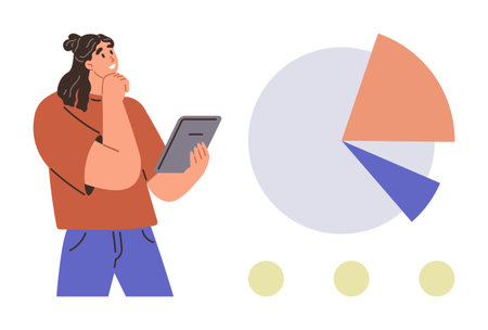 Thoughtful woman holding tablet, studying data alongside a colorful pie chart. Ideal for business, analytics, planning, strategy, education, marketing research. Simple flat metaphorのイラスト素材