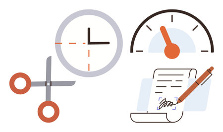 Clock, scissors, speed meter, and signed document symbolize time management, efficiency, and...