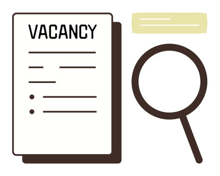 Job listing document and magnifying glass represent hiring, recruitment, analysis, career search, HR processes, staffing, and professional growth. Ideal for simple flat metaphorのイラスト素材
