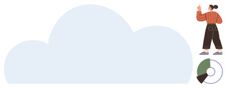 Woman gesturing upward near a large cloud graphic, with a pie chart showcasing data segments. Ideal for cloud computing, analytics, data visualization, digital transformation, teamwork, strategyのイラスト素材