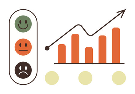 Emoticon scale for satisfaction levels and bar chart with upward trend line. Ideal for feedback, analytics, growth, customer experience, performance review, survey data, metrics. Simple flat metaphorのイラスト素材