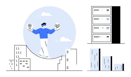 Person balancing gear and handshake above cityscape, alongside server racks and bar charts. Ideal for teamwork, innovation, data, technology, urban planning, success collaboration. Simple flatのイラスト素材