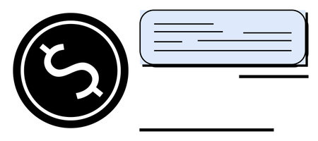 Dollar symbol in a black circle next to a rectangular document with horizontal lines. Ideal for finance, payment, accounting, transactions, loans, online banking, business operations. Simple flatのイラスト素材