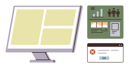 Computer screen featuring interface layout and statistics, showcasing charts, error pop-up dialog,...