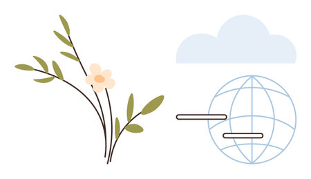 Delicate flower branch with green leaves beside linear globe and cloud, representing nature, technology, eco-awareness, global reach, innovation, sustainability, and growth. Ideal for simple flatのイラスト素材