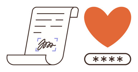 Digital signature on rolled contract, orange heart icon, and password field. Ideal for online security, agreements, trust, legal frameworks, authentication, cybersecurity and digital connectionsのイラスト素材
