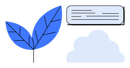 Blue leaves with line details, a rectangular text box, and a soft cloud evoke calm, eco-awareness, and simplicity. Ideal for sustainability, nature, eco-tech, mindfulness wellness modernのイラスト素材