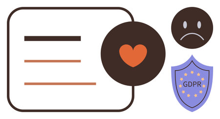 Brown text lines, heart symbol, GDPR shield, and sad face icon emphasize data privacy, compliance, and emotional impact. Ideal for security, trust, user experience regulations consent ethicsのイラスト素材