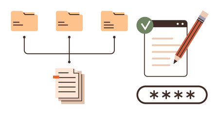 File folders interconnected to documents linked to authentication with a password. Ideal for data management, workflow, authentication, security, productivity, compliance, simple flat metaphorのイラスト素材