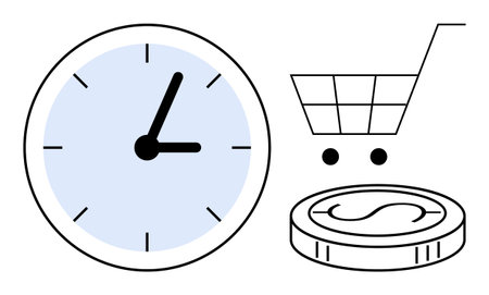 Clock face highlights the concept of time, a shopping cart suggests e-commerce, and a coin denotes financial exchange. Ideal for time management, online shopping, saving, spending, money, businessのイラスト素材