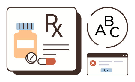 Bottle, pills, prescription symbol, error alert popup, and decision circle. Ideal for pharmacy, healthcare, error prevention, education digital health medical safety simple flat metaphorのイラスト素材