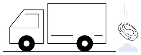 Delivery truck beside falling coin emphasizing transport expenses or logistics budgeting. Ideal for logistics, finance, efficiency, e-commerce, transportation, strategy, business planning. Simpleのイラスト素材