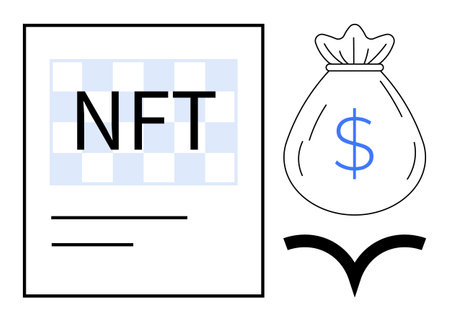NFT certificate next to a dollar-filled money bag and arrow, symbolizing financial investment, blockchain, cryptocurrency, innovation, ownership, growth, and technology within a simple flat metaphorのイラスト素材