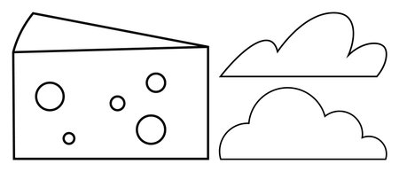 Cheese wedge with dotted holes next to two cloud figures. Ideal for food concepts, dairy, minimalism, weather ideas, creativity, simplicity, and dreamy aesthetics. Minimalist flat metaphorのイラスト素材