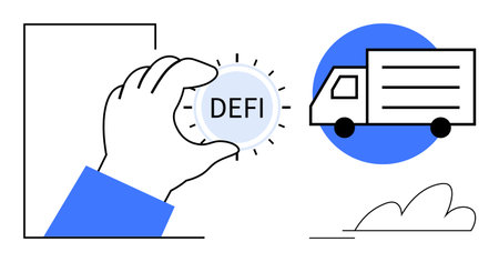 Hand gripping DEFI coin next to a truck over a blue circle with clouds below. Ideal for blockchain, finance, logistics, innovation, decentralization, technology, global trade. Simple flat metaphorのイラスト素材