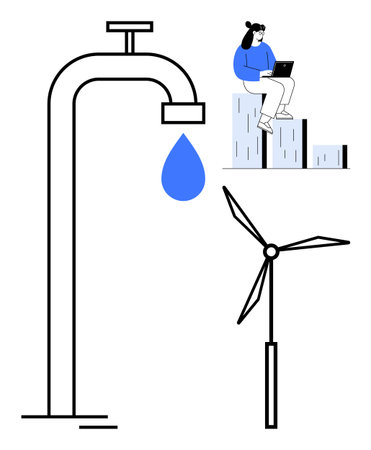 Water tap with droplet, wind turbine, and woman using laptop on graph bars. Ideal for sustainability, renewable energy, resource optimization, eco-conscious design, analytics, clean tech simple flatのイラスト素材