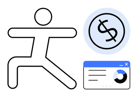 Stick figure in yoga pose alongside dollar sign and analytics dashboard symbolizing balance, finance, self-care, growth, planning, focus, and productivity. Ideal for wellness, finance topics simpleのイラスト素材