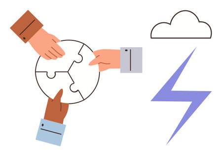 Hands of diverse individuals assembling puzzle pieces, symbolizing teamwork and problem-solving, alongside a cloud and lightning bolt, representing innovation and creativity. Ideal for collaborationのイラスト素材