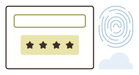 Password field with star input, fingerprint biometric icon, and cloud. Ideal for security, authentication, user access, data safety, privacy technology innovation. Simple flat metaphorのイラスト素材