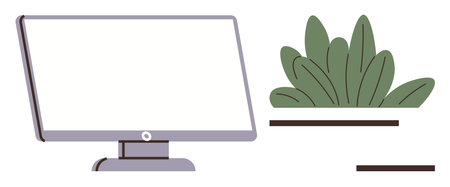 Desktop monitor positioned on a surface next to potted plant leaves. Ideal for workspace efficiency,...