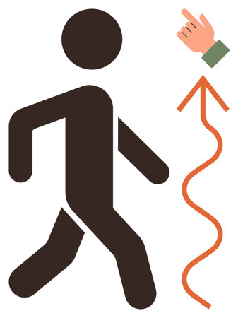 Person in motion, orange winding arrow indicates direction, hand suggests guidance in choices. Ideal for navigation, guidance, decision-making, movement, progress leadership direction. Simple flatのイラスト素材