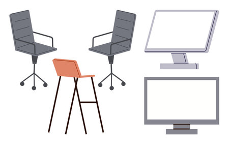 Two swivel chairs, a high stool, and two flat-screen monitors showcasing minimal office decor. Ideal for workplace setup, teamwork, meetings, productivity, organization, design furniture conceptsのイラスト素材