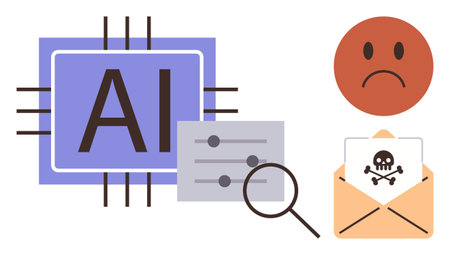 AI chip with circuits, settings panel, magnifying glass, sad face, and virus email. Ideal for cybersecurity, AI monitoring, online safety, cybercrime email filtering threat detection simple flatのイラスト素材