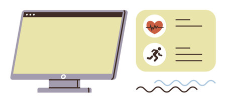 Computer screen showcasing health tracking data with heart rate and running figure icons. Ideal for healthcare, fitness, technology, medical research, wellness, app development, digital monitoringのイラスト素材