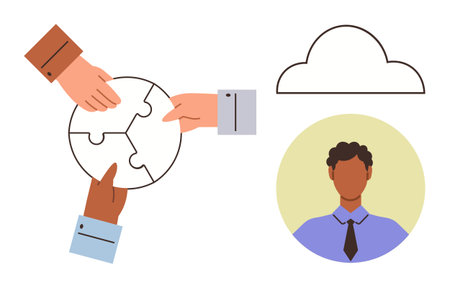 Hands connecting puzzle pieces in circle, cloud figure above, and portrait of businessperson. Ideal for teamwork, problem-solving, connection, cloud storage, communication, leadership simple flatのイラスト素材
