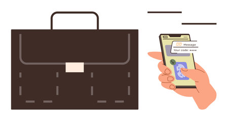 Hand holding smartphone displaying security code app next to leather briefcase. Ideal for digital security, authentication, office work, technology, business, data access, simple flat metaphorのイラスト素材