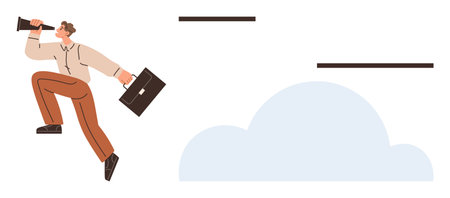 Professional man leaping confidently while holding a briefcase and megaphone, symbolizing ambition, communication, and moving forward. Ideal for leadership, motivation, opportunity, progressのイラスト素材