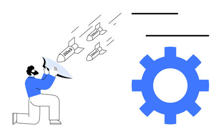 Person using shield to deflect incoming DDoS cyberattack bombs aimed at a gear system, symbolizing threat prevention, cybersecurity, defense strategies, resilience, network security, and protectionのイラスト素材