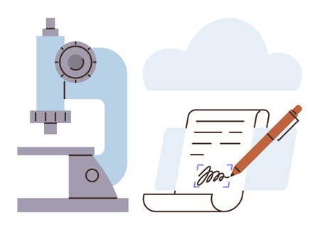 Microscope, document with e-signature, cloud symbolizing science, innovation, research, technology, data analysis, healthcare. Ideal for lab work biotechnology education legal tech medical fieldのイラスト素材