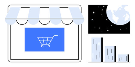 Storefront window with a cart icon, globe representing global reach, and bar chart showing business growth. Ideal for e-commerce, global trade, market analytics, retail, business expansion, digitalのイラスト素材