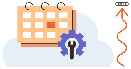 Calendar with highlighted date, gear representing settings, arrow showing progress, and cloud background. Ideal for scheduling, planning, customization, teamwork goals, progress productivityのイラスト素材