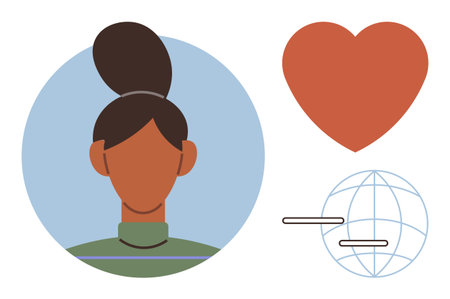 Woman avatar in blue circle, large red heart, stylized globe with lines. Ideal for identity, global connection, communication, diversity, compassion care universal love. Simple flat metaphorのイラスト素材